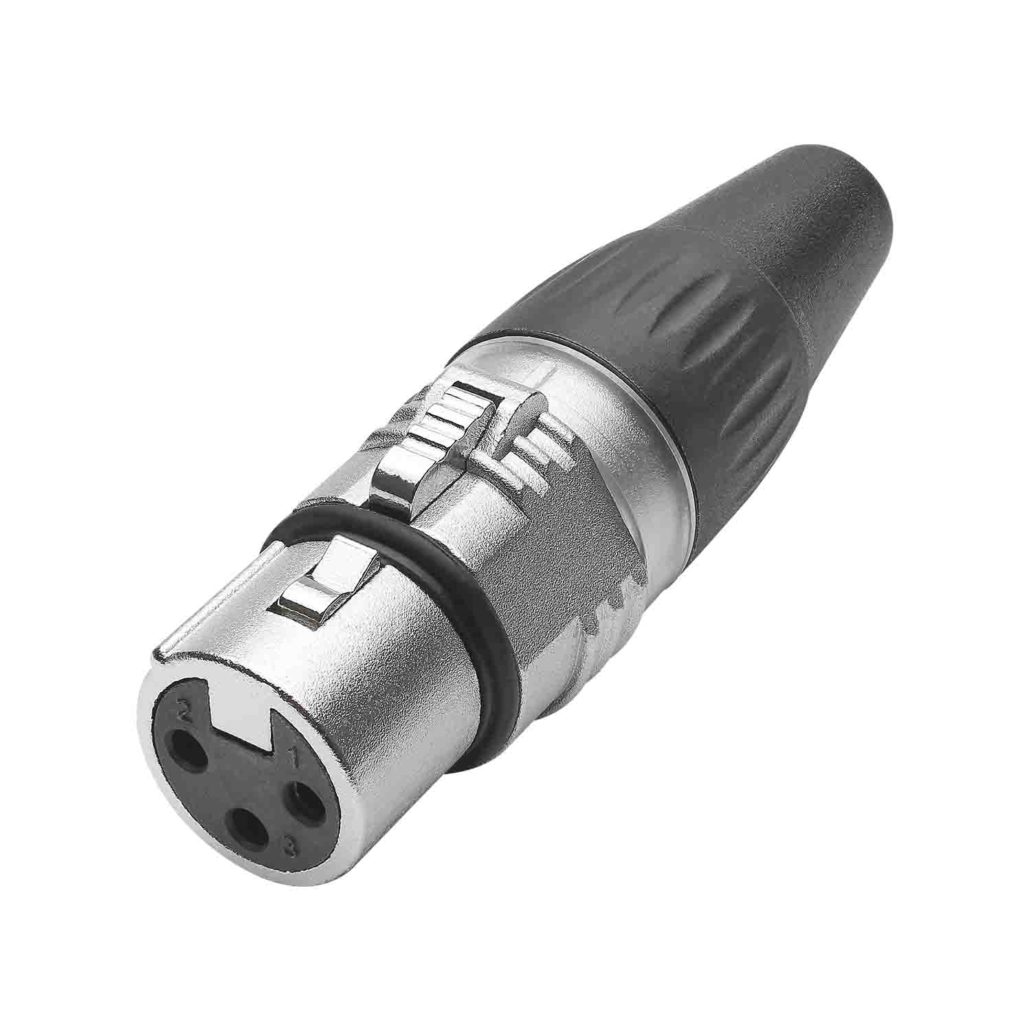 HICON XLR BASIC, 3-pole lizdas, gold-plated contacts, nickel-plated metal housing, conductive surface, juodas plastic cap, 3-chuck collet strain relief