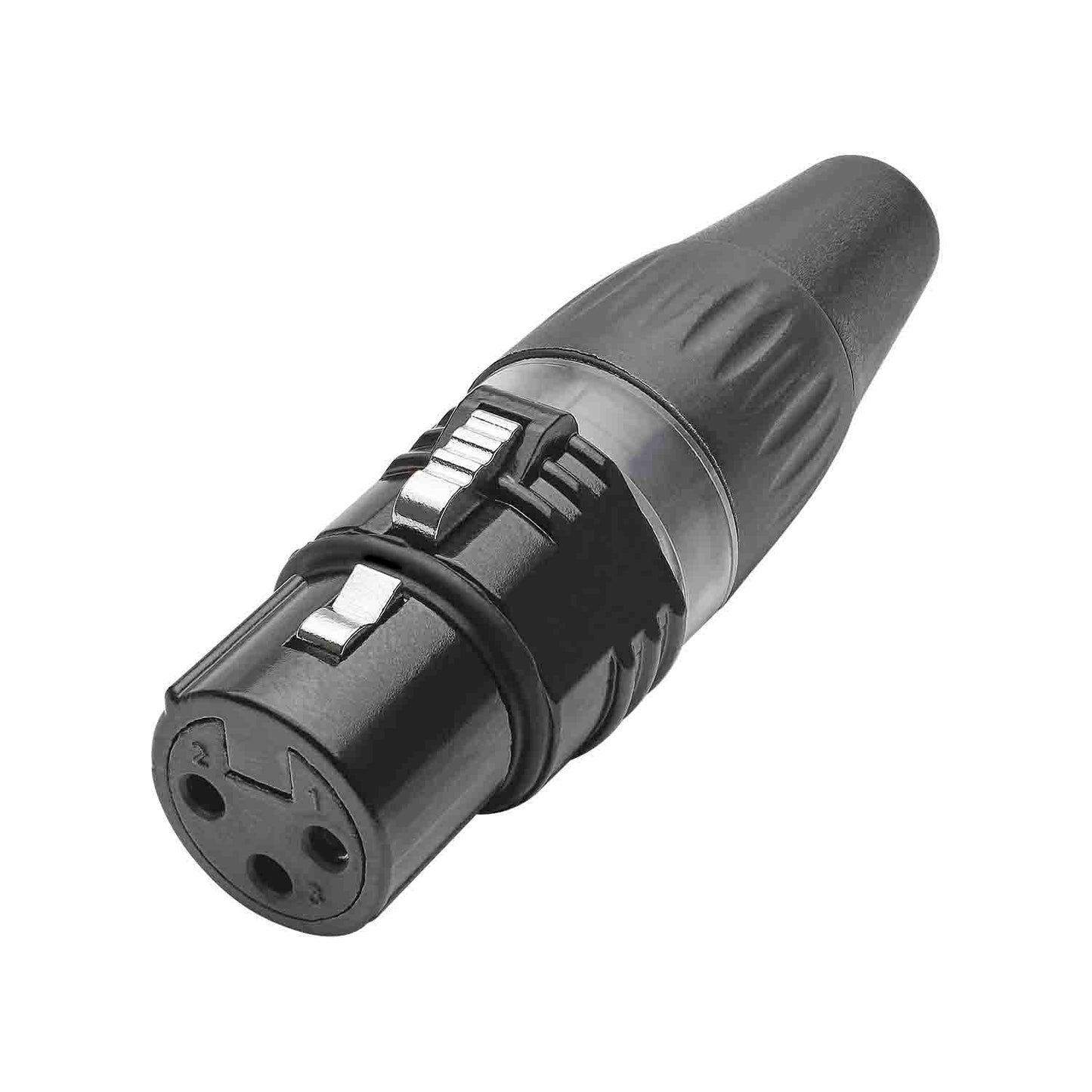 HICON XLR BASIC, 3-pole lizdas, sidabrinis-plated contacts, juodas metal housing, juodas plastic cap, 3-chuck collet strain relief