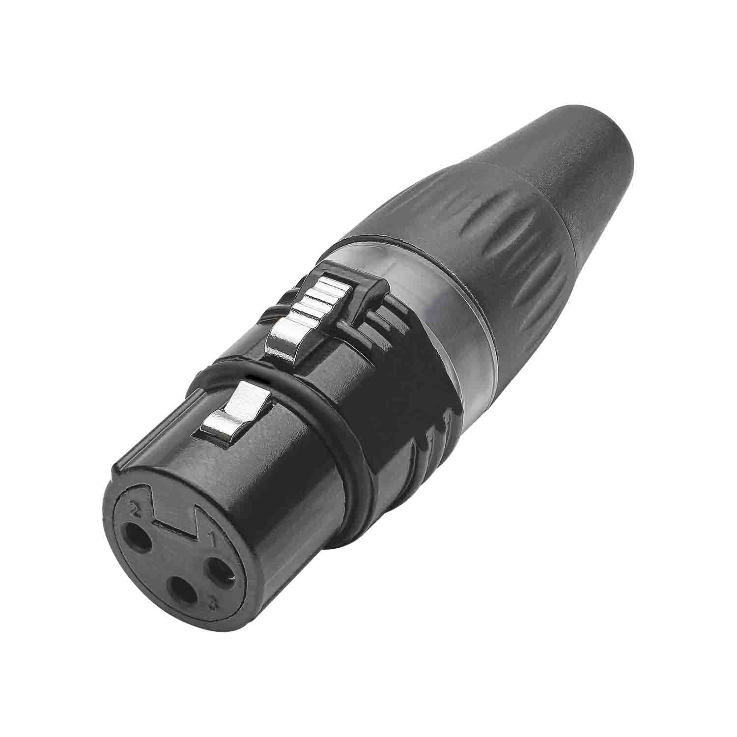 HICON XLR BASIC, 3-pole lizdas, sidabrinis-plated contacts, juodas metal housing, juodas plastic cap, 3-chuck collet strain relief