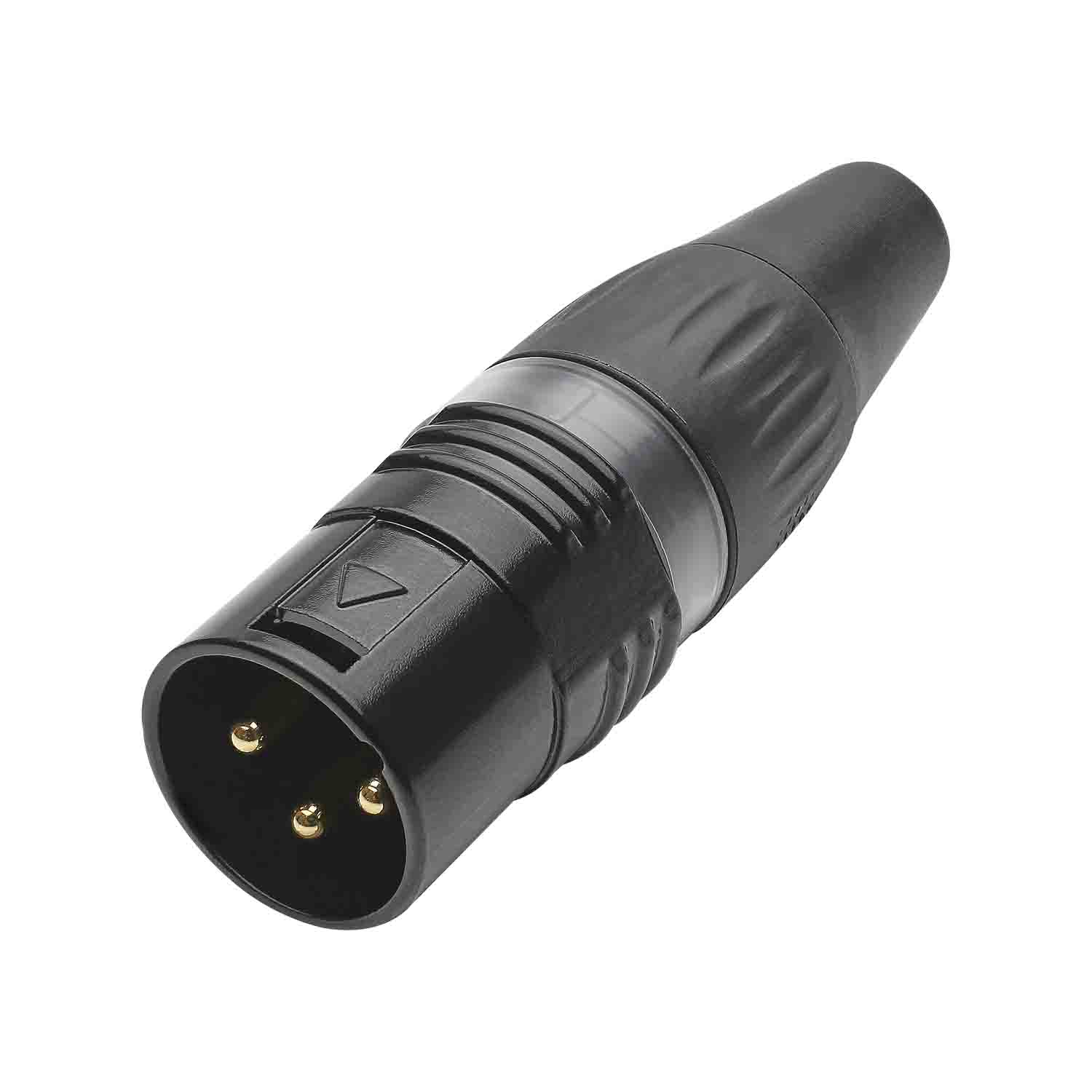 HICON XLR BASIC, 3-pole kištukas, gold-plated contacts, juodas metal housing, juodas plastic cap, 3-chuck collet strain relief