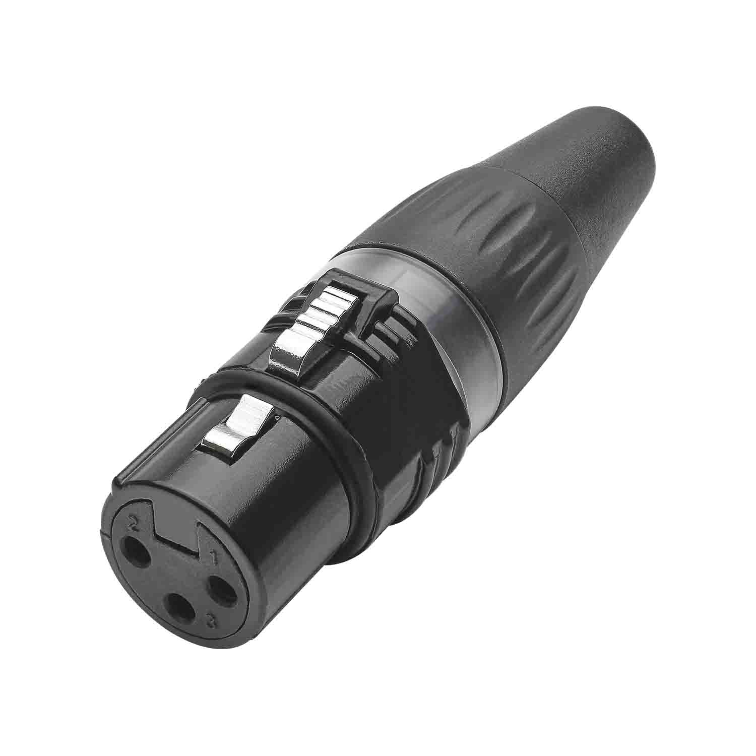 HICON XLR BASIC, 3-pole lizdas, gold-plated contacts, juodas metal housing, juodas plastic cap, 3-chuck collet strain relief