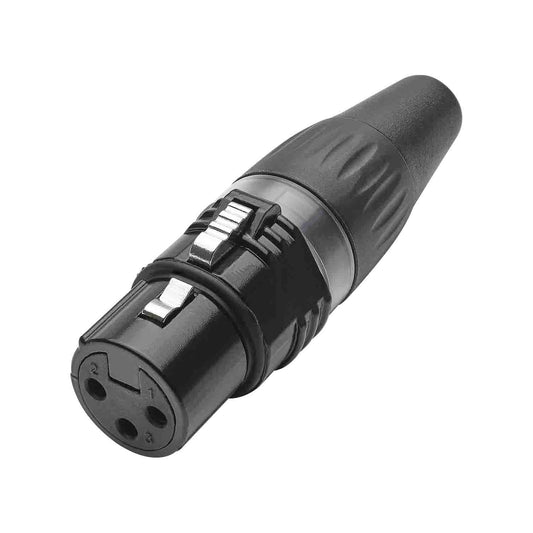 HICON XLR BASIC, 3-pole lizdas, gold-plated contacts, juodas metal housing, juodas plastic cap, 3-chuck collet strain relief