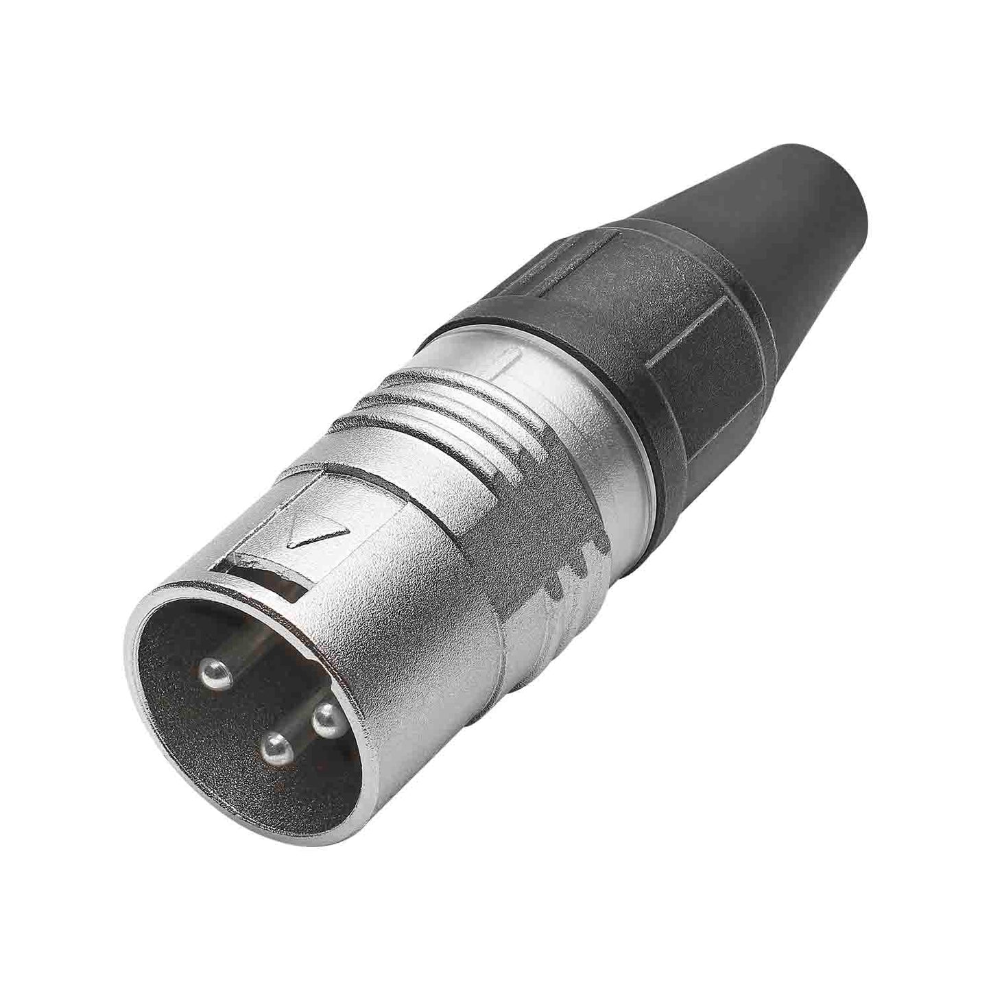 HICON XLR PRO+, 3-pole kištukas, sidabrinis-plated contacts, nickel-plated metal housing, conductive surface, juodas metal cap, 6-chuck collet strain relief