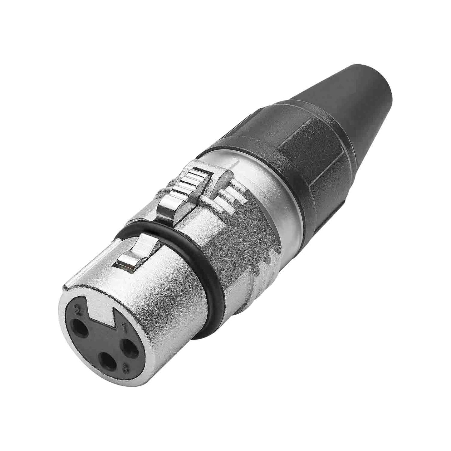HICON XLR PRO+, 3-pole lizdas, sidabrinis-plated contacts, nickel-plated metal housing, conductive surface, juodas metal cap, 6-chuck collet strain relief