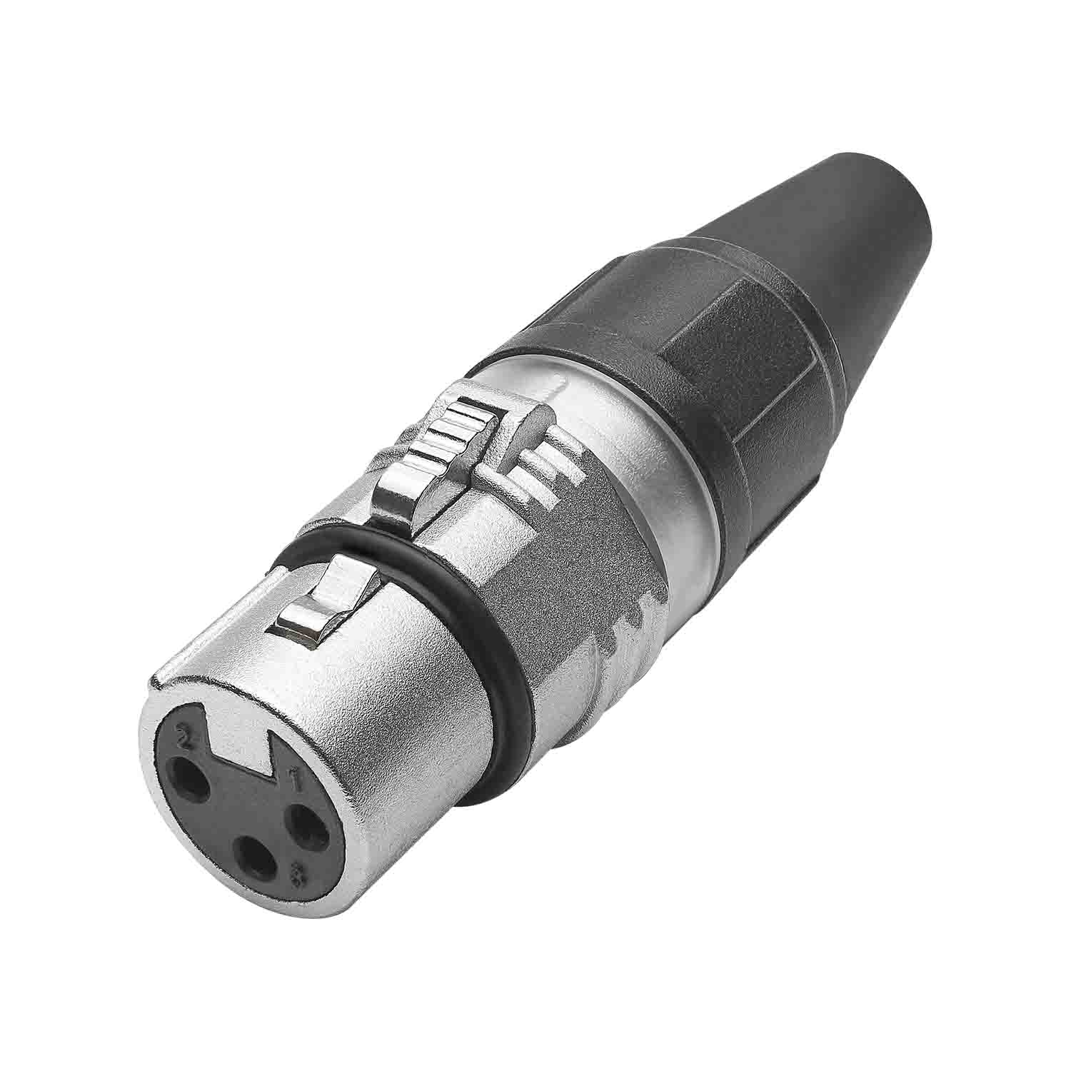 HICON XLR PRO+, 3-pole lizdas, sidabrinis-plated contacts, nickel-plated metal housing, conductive surface, juodas metal cap, 6-chuck collet strain relief