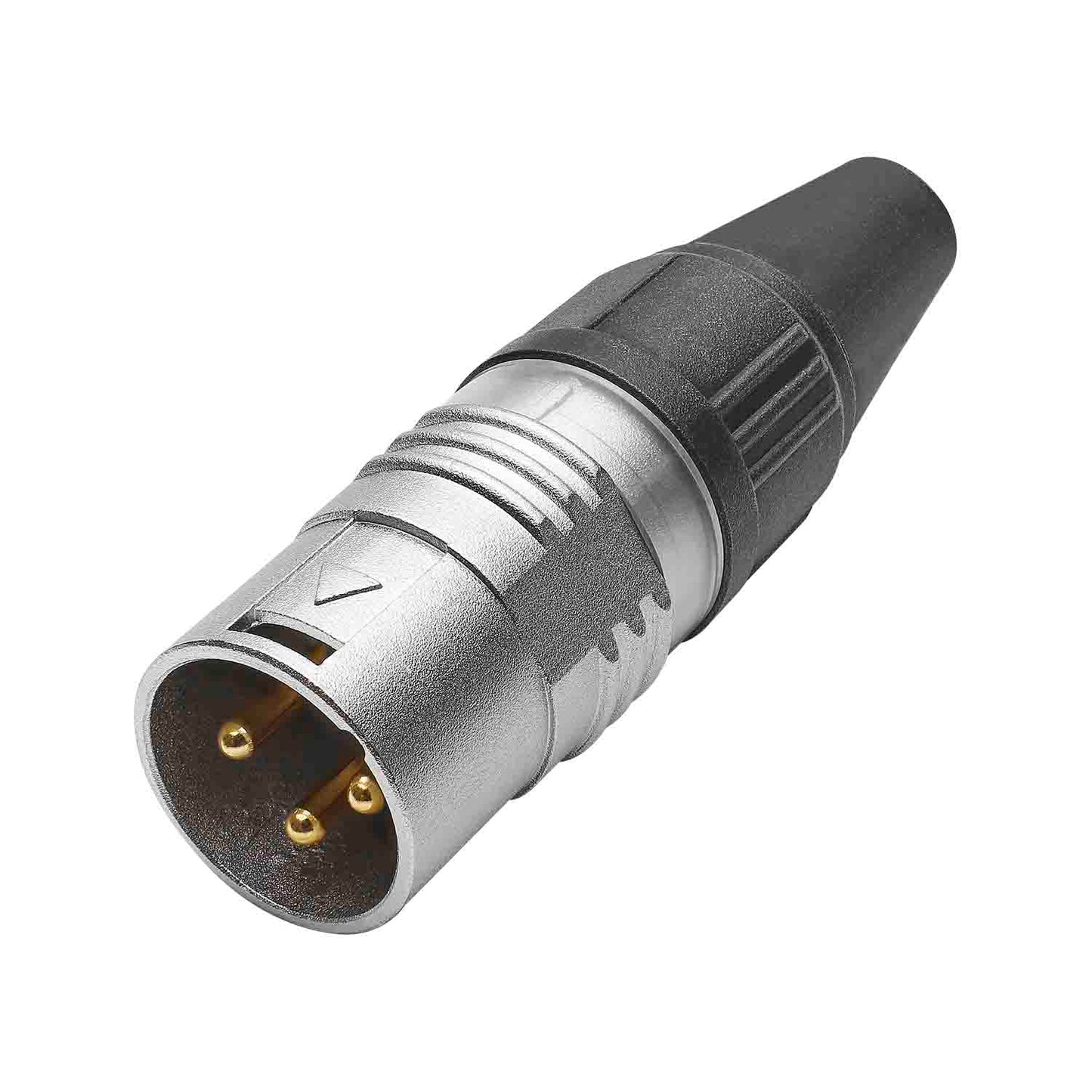 HICON XLR PRO+, 3-pole kištukas, gold-plated contacts, nickel-plated metal housing, conductive surface, juodas metal cap, 6-chuck collet strain relief