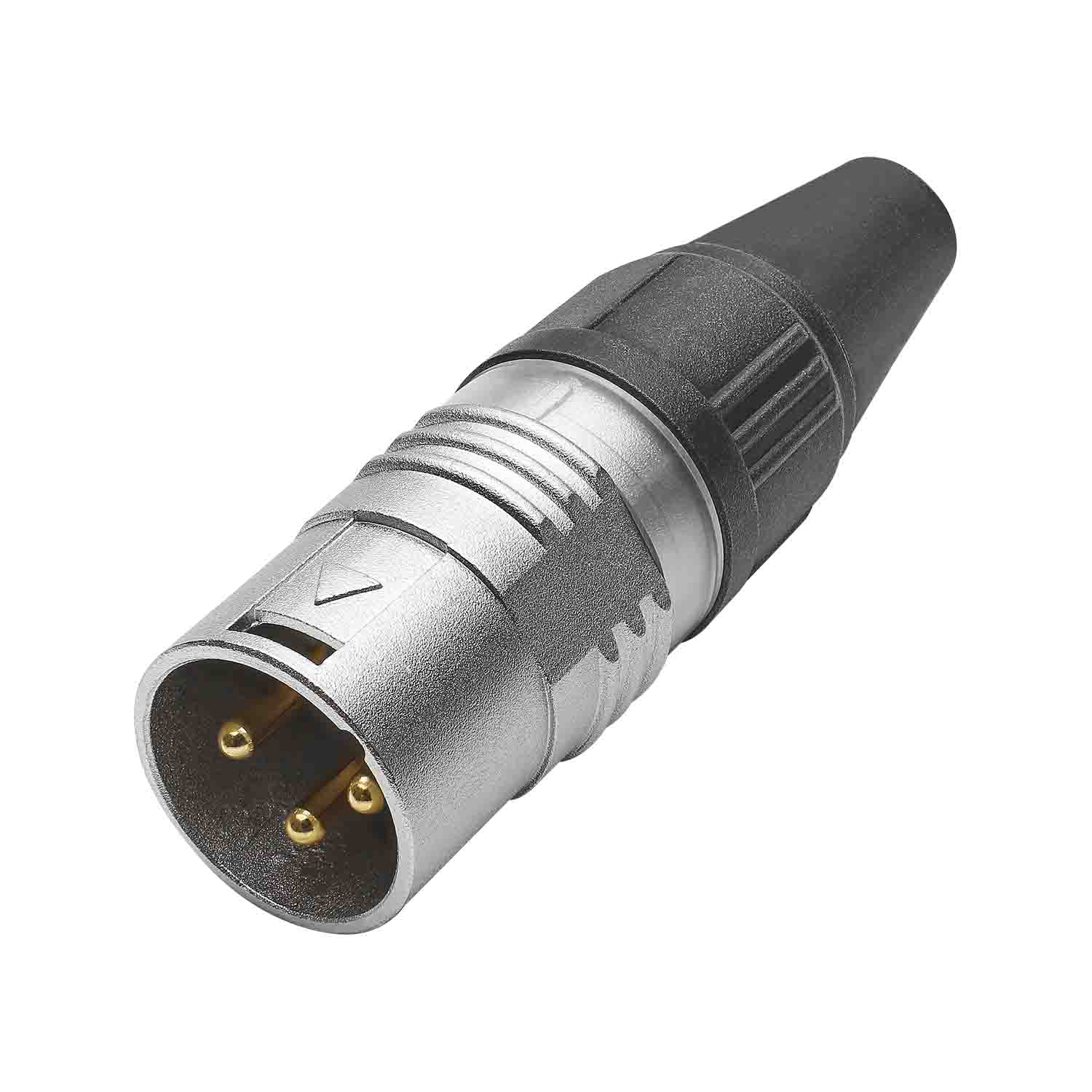HICON XLR PRO+, 3-pole kištukas, gold-plated contacts, nickel-plated metal housing, conductive surface, juodas metal cap, 6-chuck collet strain relief
