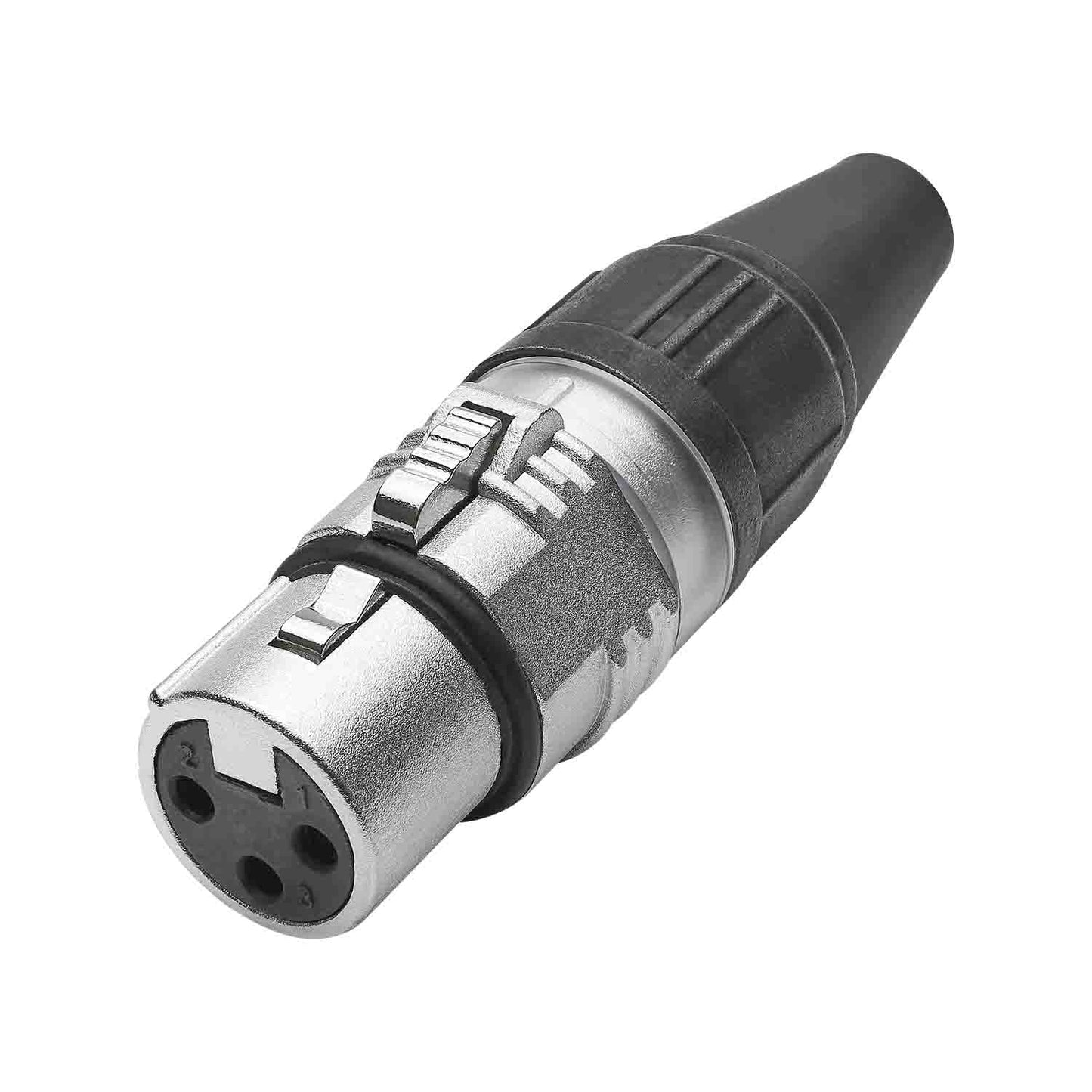 HICON XLR PRO+, 3-pole lizdas, gold-plated contacts, nickel-plated metal housing, conductive surface, juodas metal cap, 6-chuck collet strain relief