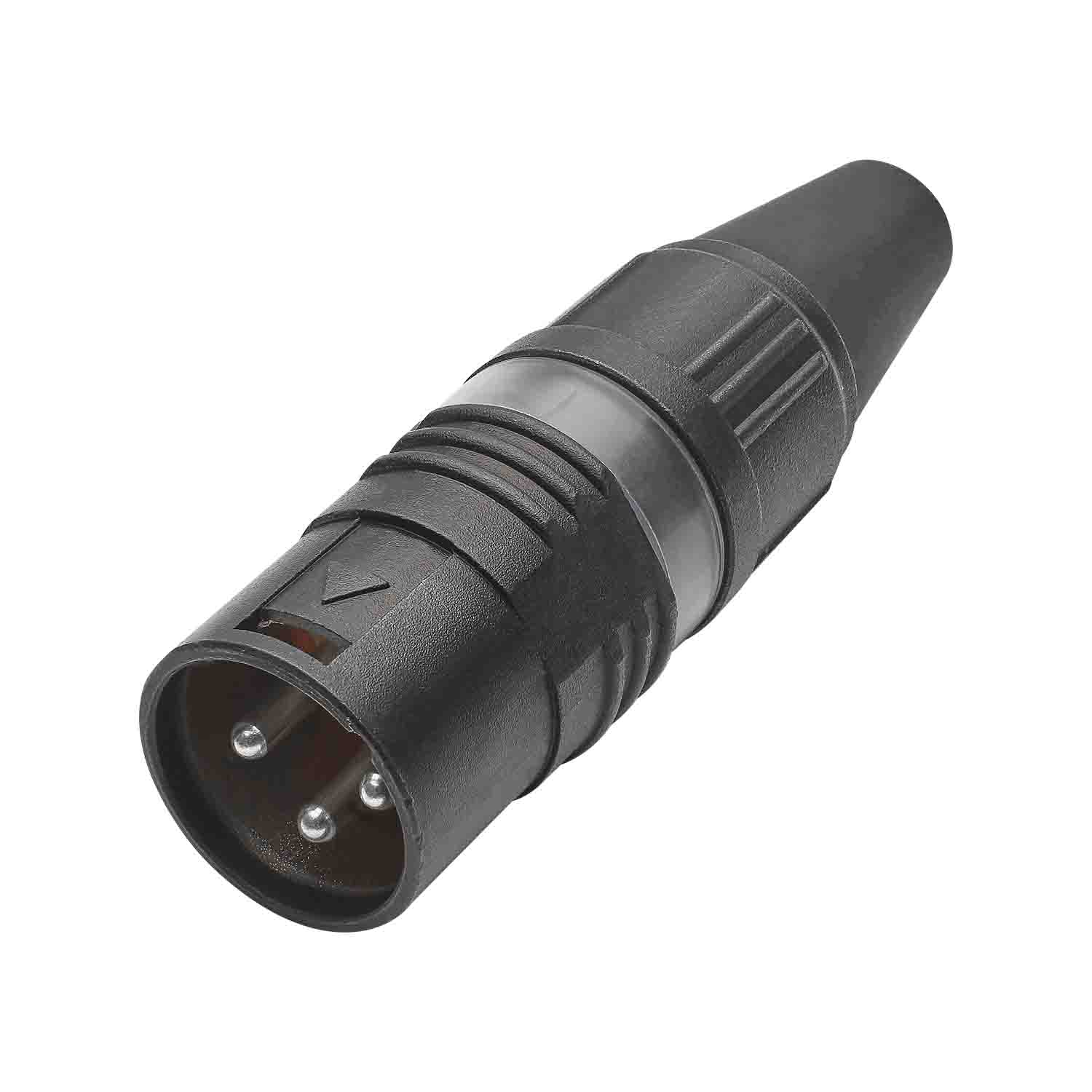 HICON XLR PRO+, 3-pole kištukas, sidabrinis-plated contacts, juodas metal housing, juodas metal cap, 6-chuck collet strain relief