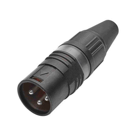 HICON XLR PRO+, 3-pole kištukas, sidabrinis-plated contacts, juodas metal housing, juodas metal cap, 6-chuck collet strain relief