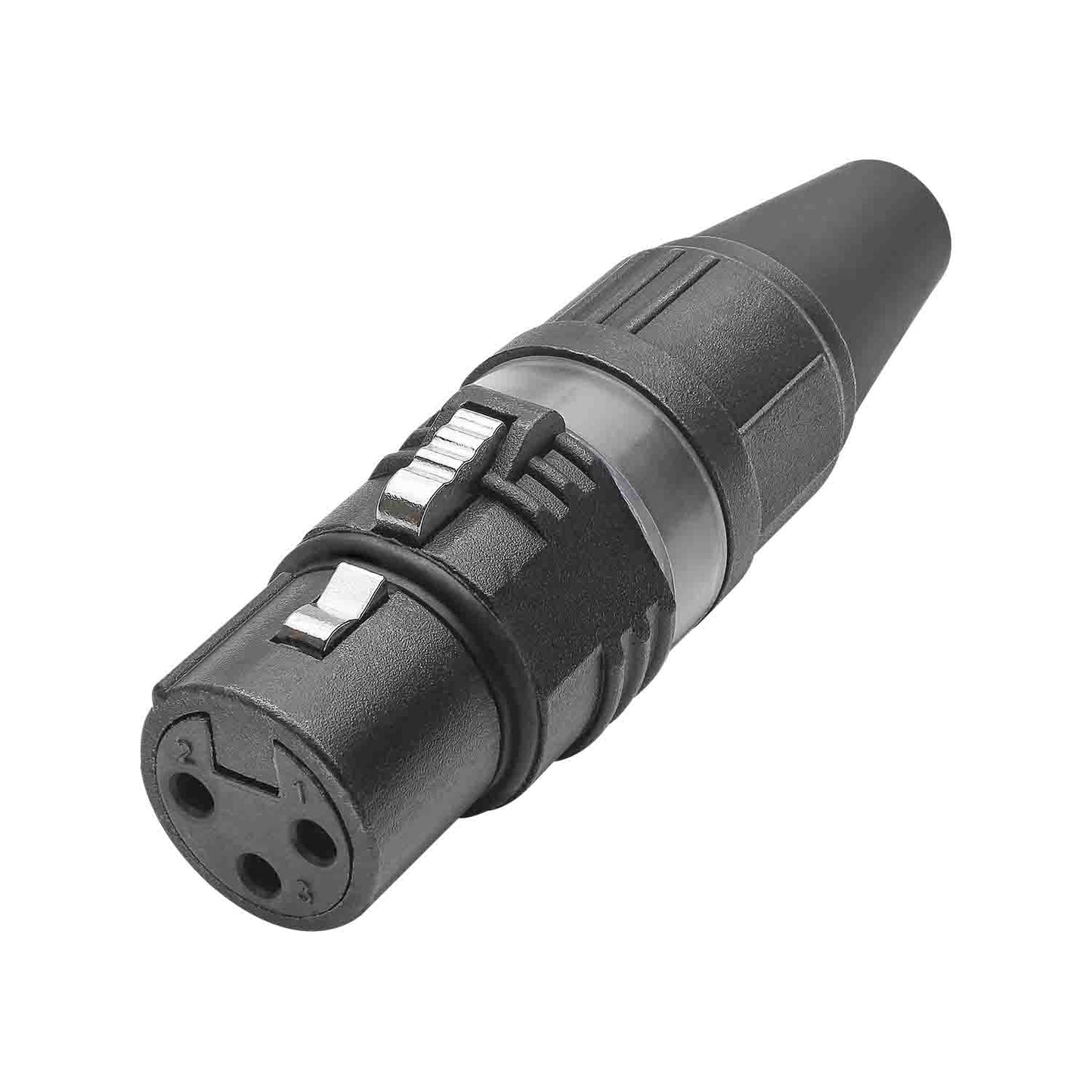 HICON XLR PRO+, 3-pole lizdas, gold-plated contacts, juodas metal housing, juodas metal cap, 6-chuck collet strain relief