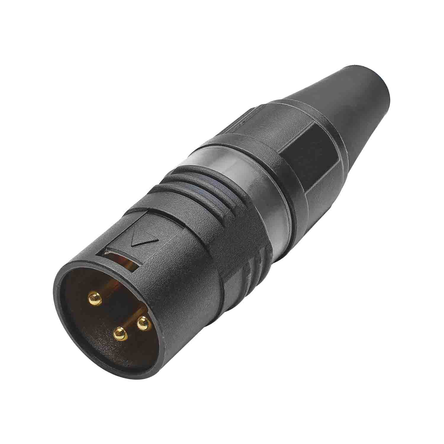 HICON XLR PRO+, 3-pole kištukas, gold-plated contacts, juodas metal housing, juodas metal cap, 6-chuck collet strain relief