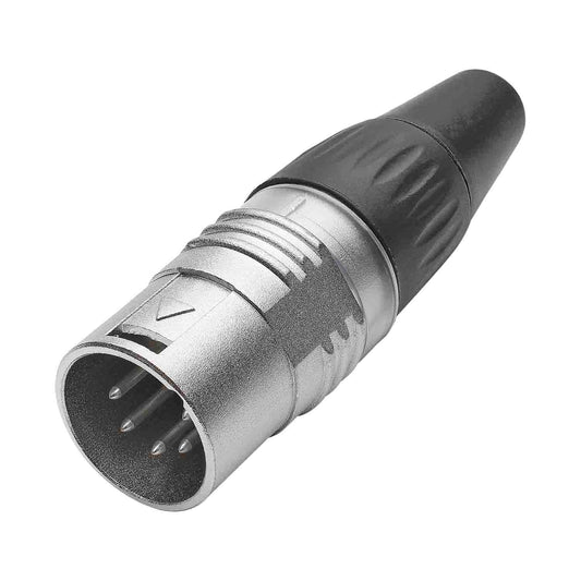HICON XLR BASIC, 5-pole kištukas, sidabrinis-plated contacts, nickel-plated metal housing, conductive surface, juodas plastic cap, 3-chuck collet strain relief