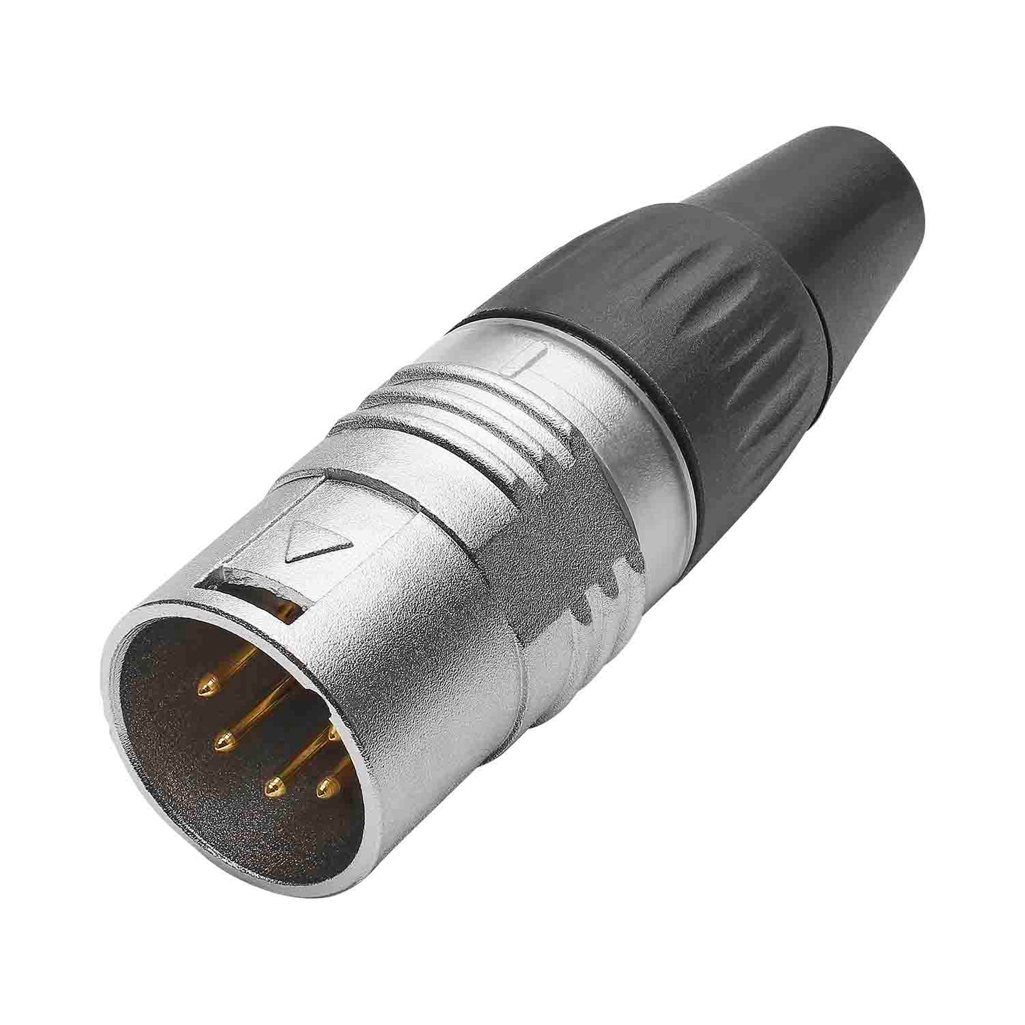 HICON XLR BASIC, 5-pole kištukas, gold-plated contacts, nickel-plated metal housing, conductive surface, juodas plastic cap, 3-chuck collet strain relief
