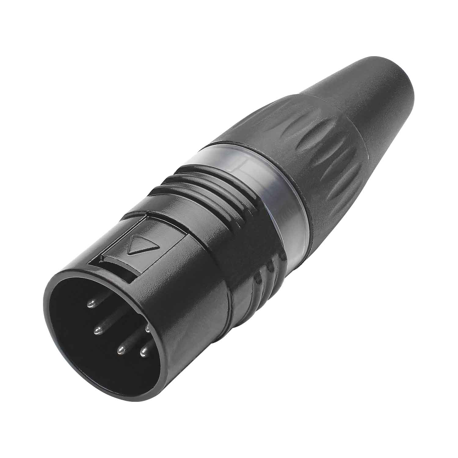 HICON XLR BASIC, 5-pole kištukas, sidabrinis-plated contacts, juodas metal housing, juodas plastic cap, 3-chuck collet strain relief