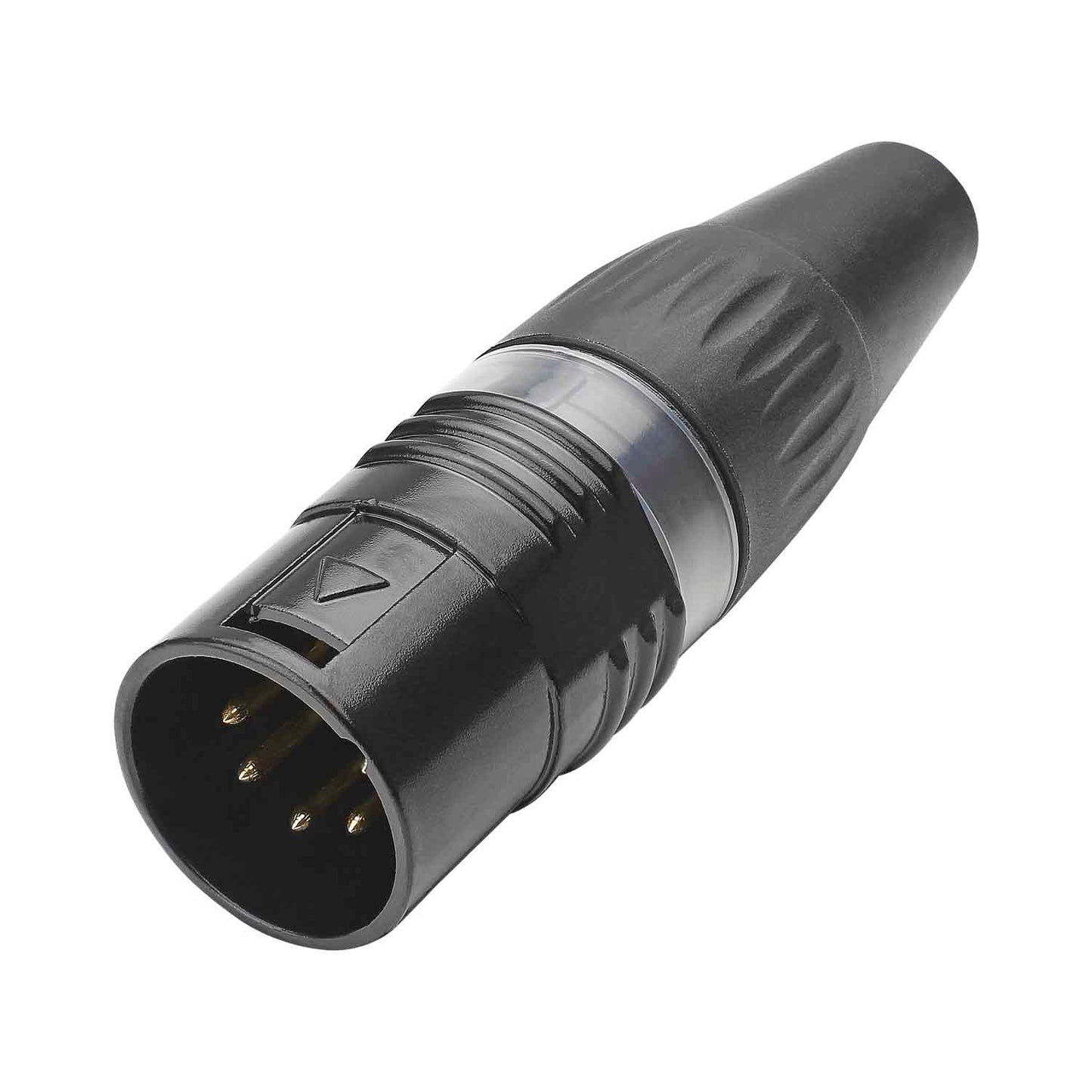 HICON XLR BASIC, 5-pole kištukas, gold-plated contacts, juodas metal housing, juodas plastic cap, 3-chuck collet strain relief