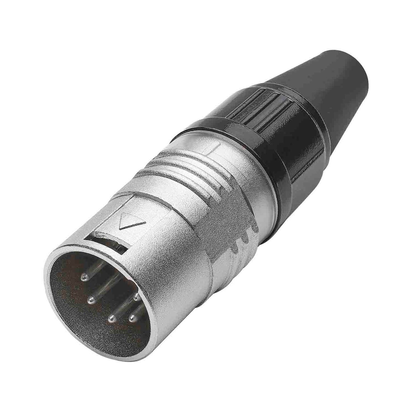 HICON XLR PRO+, 5-pole kištukas, sidabrinis-plated contacts, nickel-plated metal housing, conductive surface, juodas metal cap, 6-chuck collet strain relief
