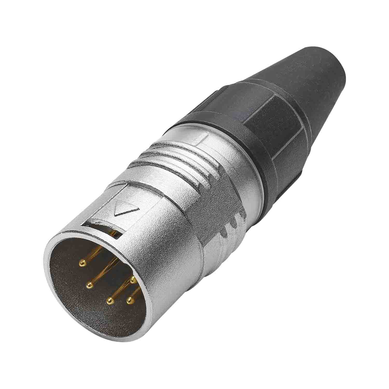 HICON XLR PRO+, 5-pole kištukas, gold-plated contacts, nickel-plated metal housing, conductive surface, juodas metal cap, 6-chuck collet strain relief