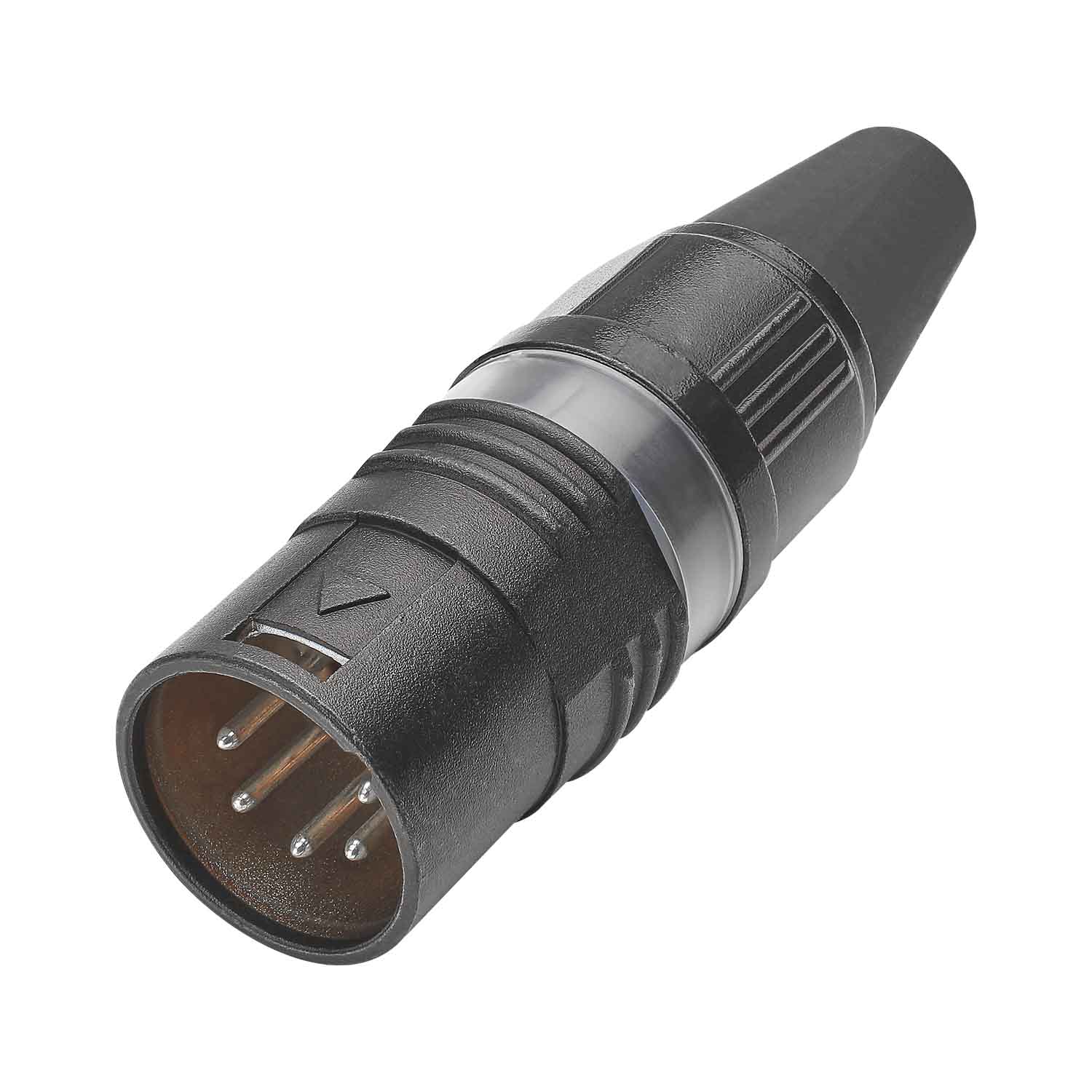 HICON XLR PRO+, 5-pole kištukas, sidabrinis-plated contacts, juodas metal housing, juodas metal cap, 6-chuck collet strain relief