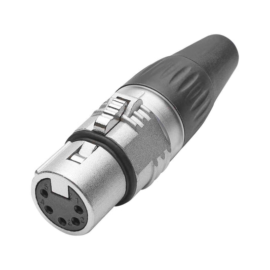 HICON XLR BASIC, 5-pole lizdas, sidabrinis-plated contacts, nickel-plated metal housing, conductive surface, juodas plastic cap, 3-chuck collet strain relief