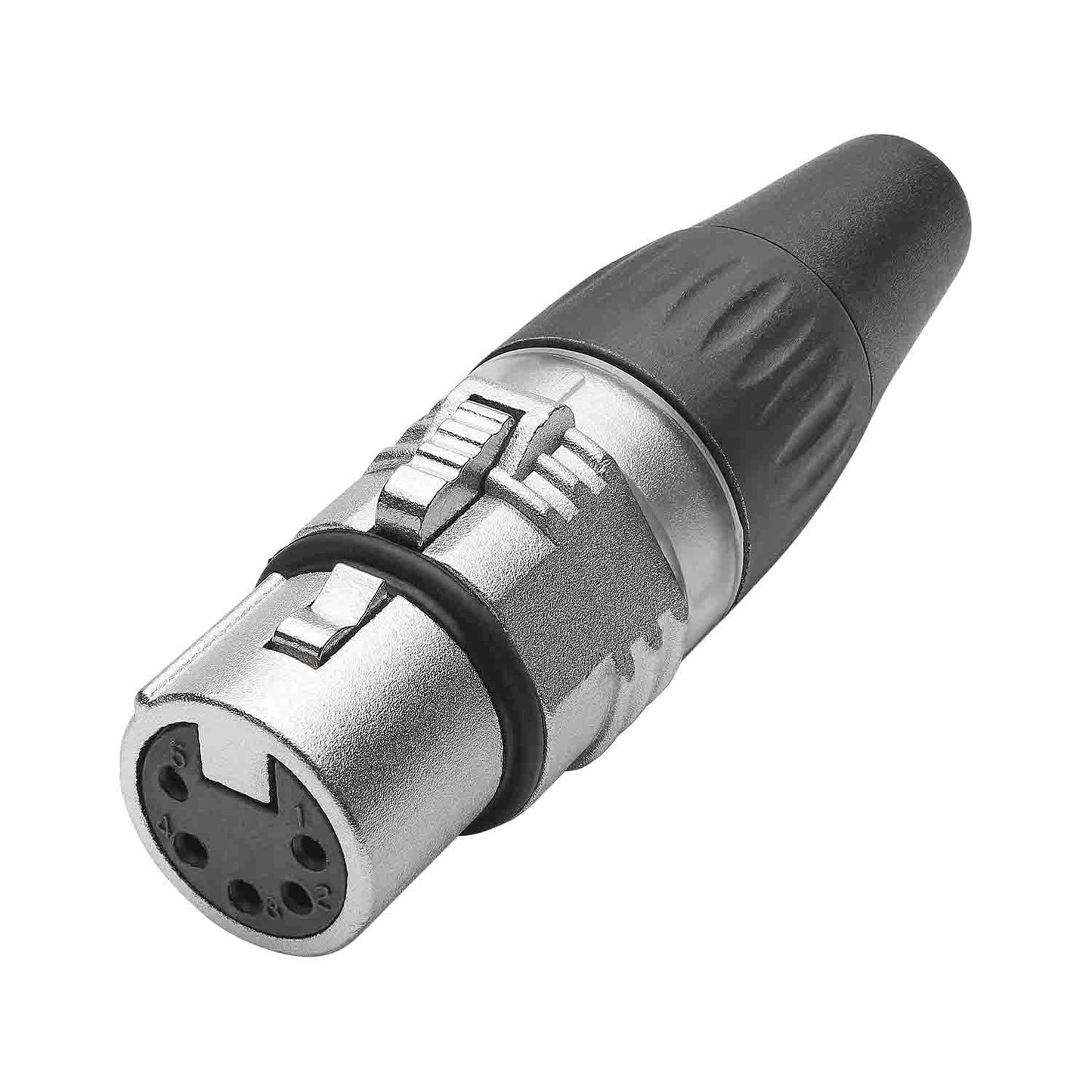HICON XLR BASIC, 5-pole lizdas, gold-plated contacts, nickel-plated metal housing, conductive surface, juodas plastic cap, 3-chuck collet strain relief