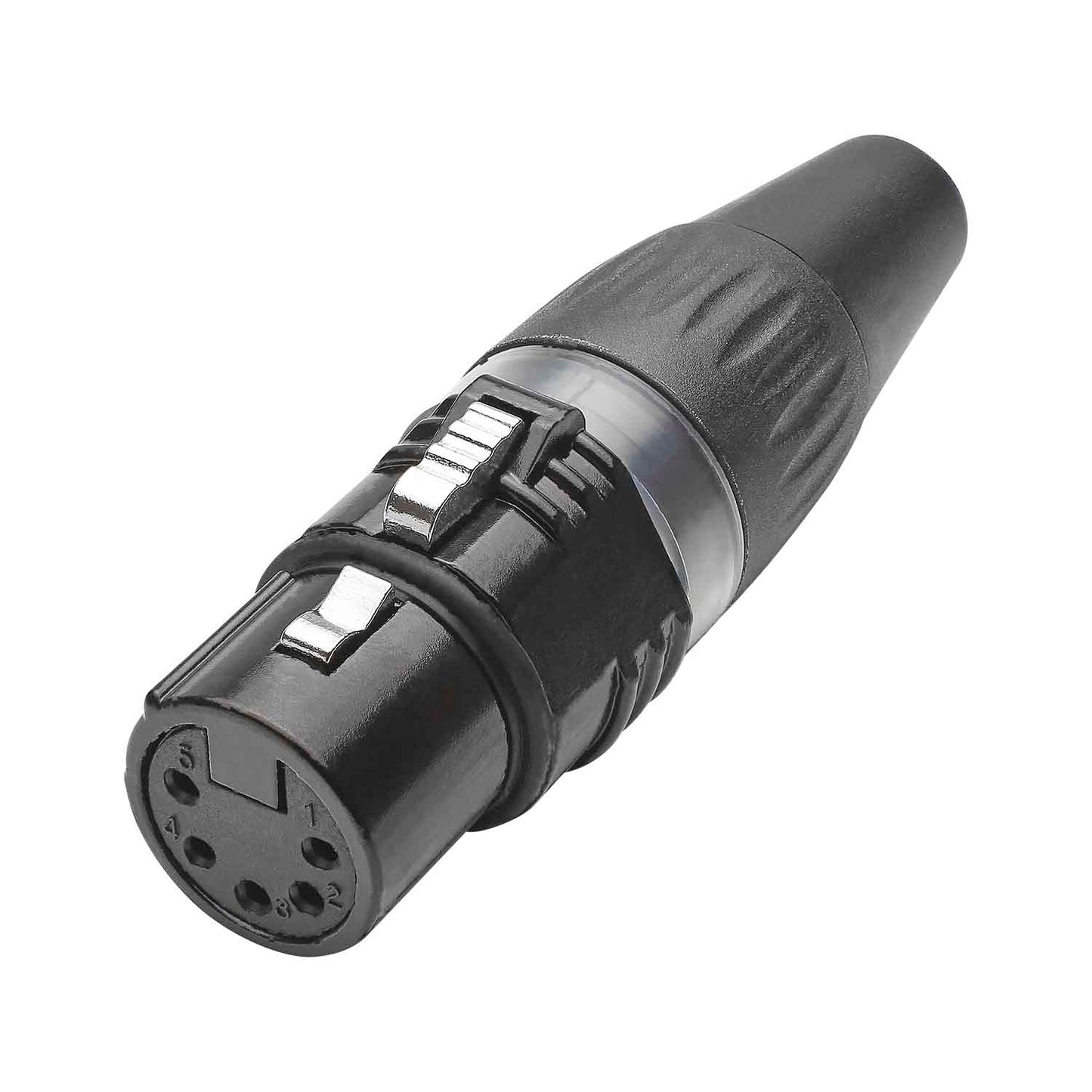 HICON XLR BASIC, 5-pole lizdas, sidabrinis-plated contacts, juodas metal housing, juodas plastic cap, 3-chuck collet strain relief