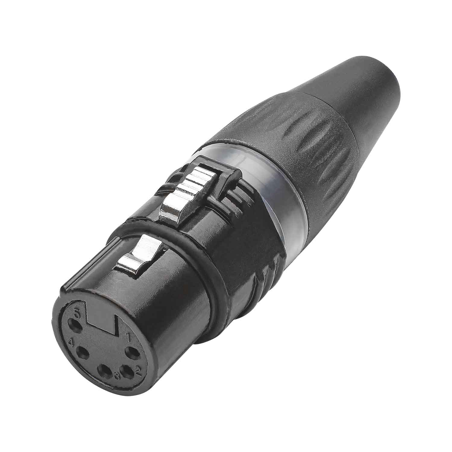 HICON XLR BASIC, 5-pole lizdas, sidabrinis-plated contacts, juodas metal housing, juodas plastic cap, 3-chuck collet strain relief