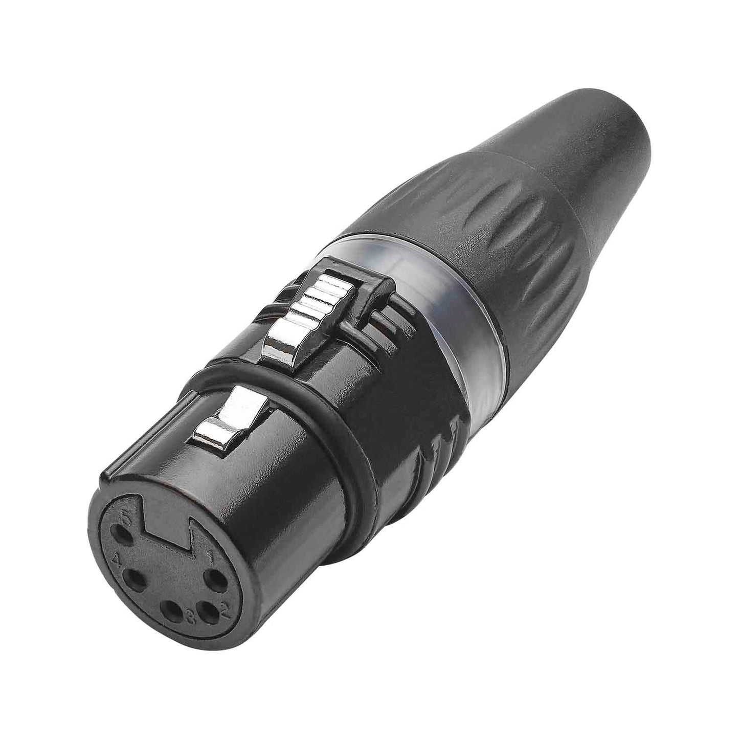 HICON XLR BASIC, 5-pole lizdas, gold-plated contacts, juodas metal housing, juodas plastic cap, 3-chuck collet strain relief