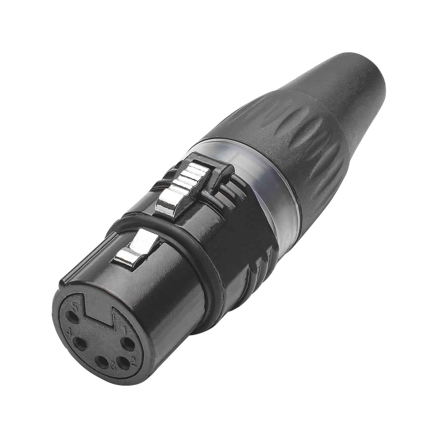 HICON XLR BASIC, 5-pole lizdas, gold-plated contacts, juodas metal housing, juodas plastic cap, 3-chuck collet strain relief