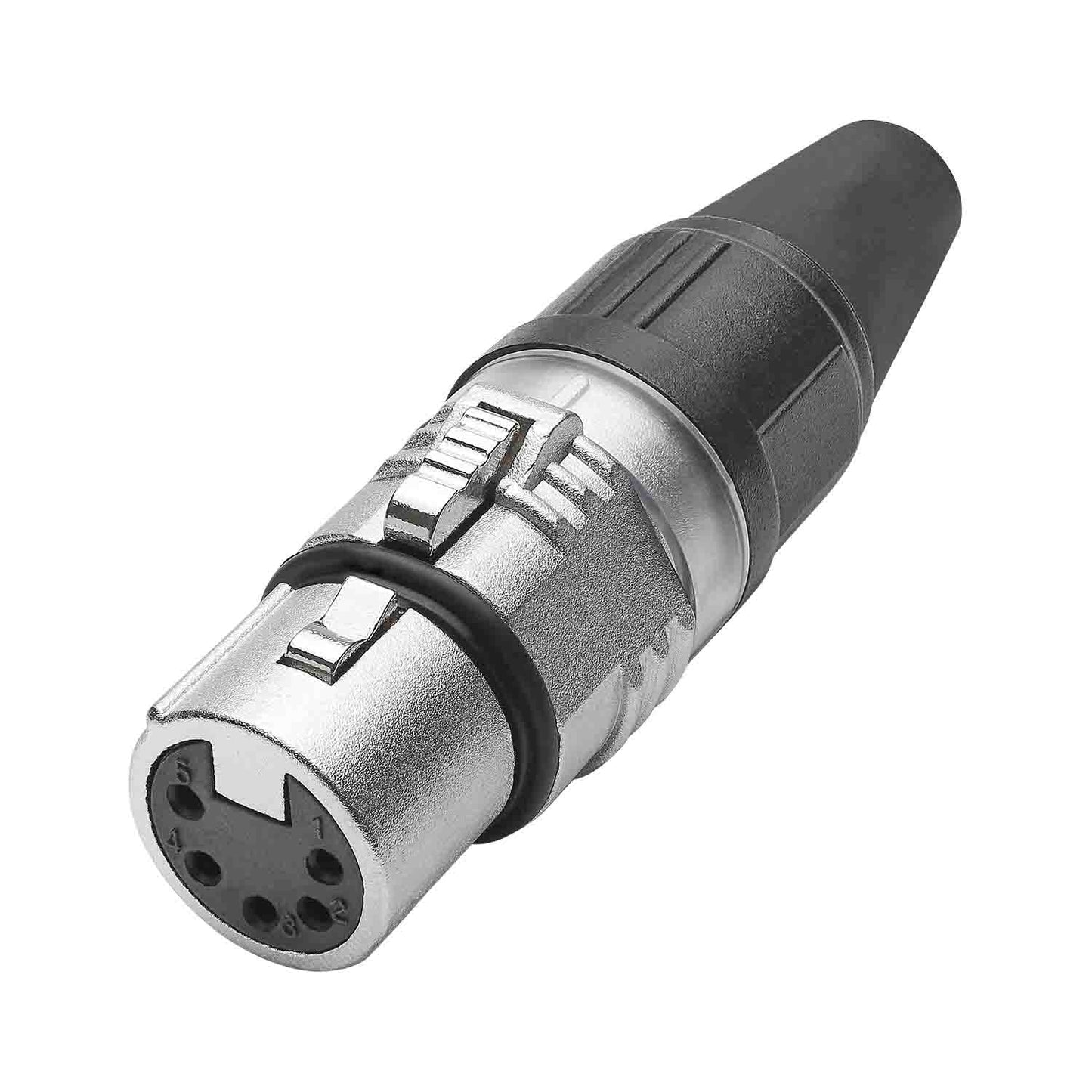 HICON XLR PRO+, 5-pole lizdas, sidabrinis-plated contacts, nickel-plated metal housing, conductive surface, juodas metal cap, 6-chuck collet strain relief