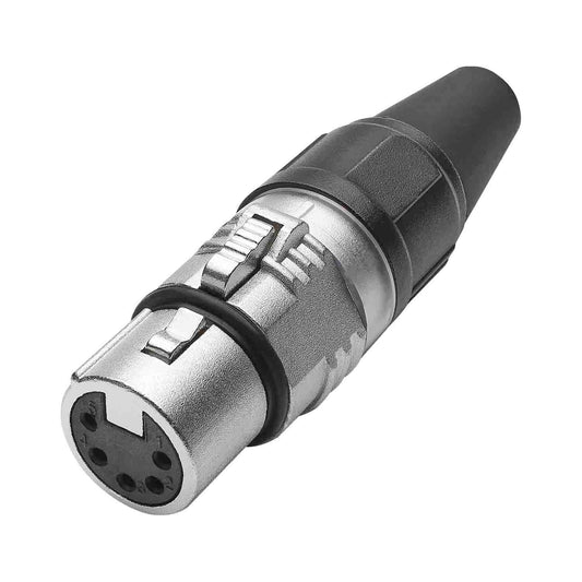 HICON XLR PRO+, 5-pole lizdas, gold-plated contacts, nickel-plated metal housing, conductive surface, juodas metal cap, 6-chuck collet strain relief