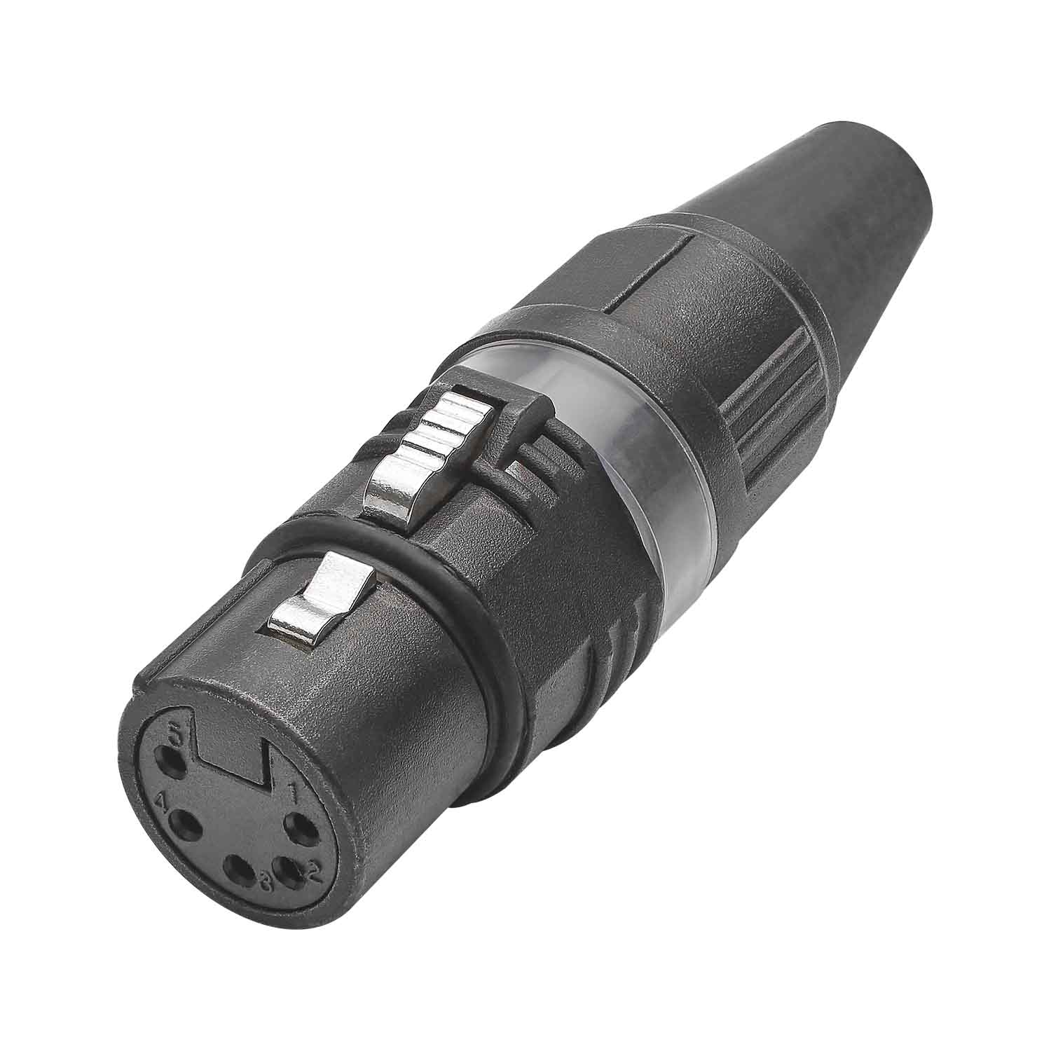 HICON XLR PRO+, 5-pole lizdas, sidabrinis-plated contacts, juodas metal housing, juodas metal cap, 6-chuck collet strain relief