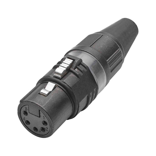 HICON XLR PRO+, 5-pole lizdas, sidabrinis-plated contacts, juodas metal housing, juodas metal cap, 6-chuck collet strain relief