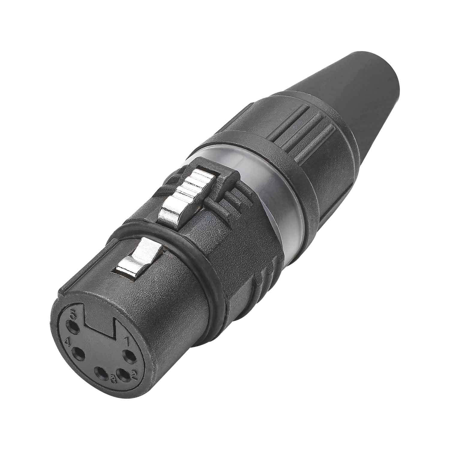 HICON XLR PRO+, 5-pole lizdas, gold-plated contacts, juodas metal housing, juodas metal cap, 6-chuck collet strain relief