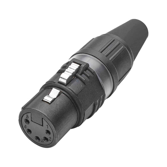 HICON XLR PRO+, 5-pole lizdas, gold-plated contacts, juodas metal housing, juodas metal cap, 6-chuck collet strain relief