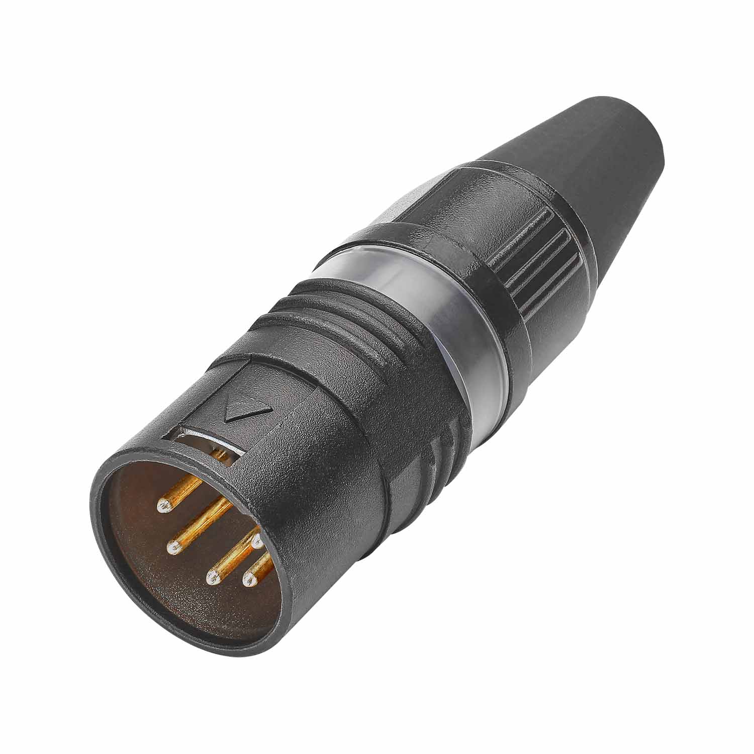 HICON XLR PRO+, 5-pole kištukas, gold-plated contacts, juodas metal housing, juodas metal cap, 6-chuck collet strain relief