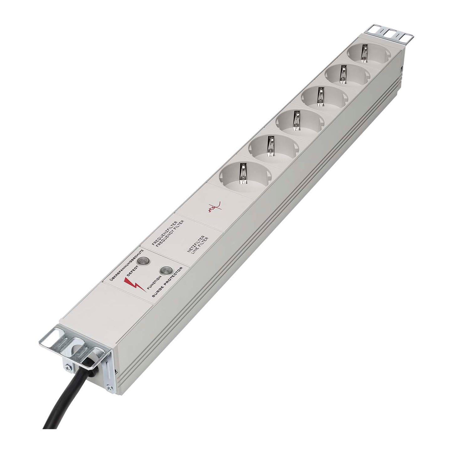multiple socket outlet, 6 x Schuko, cable length: 2 m, Rack Version 19" 1HE, 6.5 kA, power and frequency filter, 1 HU
