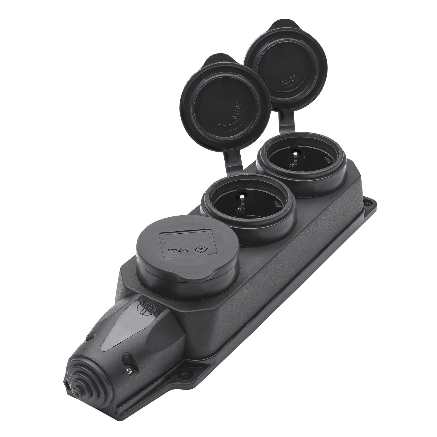 SCHUKO IP44 3x, 2-pole , Plastic TPE-, prisukama-lizdas jungtis, nickel plated contact(s), hanging housing tiesi, max. 1,5 mm², juodas
