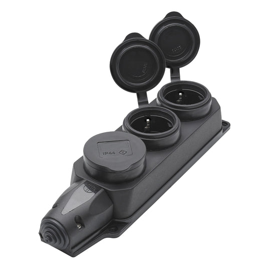 SCHUKO IP44 3x, 2-pole , Plastic TPE-, prisukama-lizdas jungtis, nickel plated contact(s), hanging housing tiesi, max. 1,5 mm², juodas