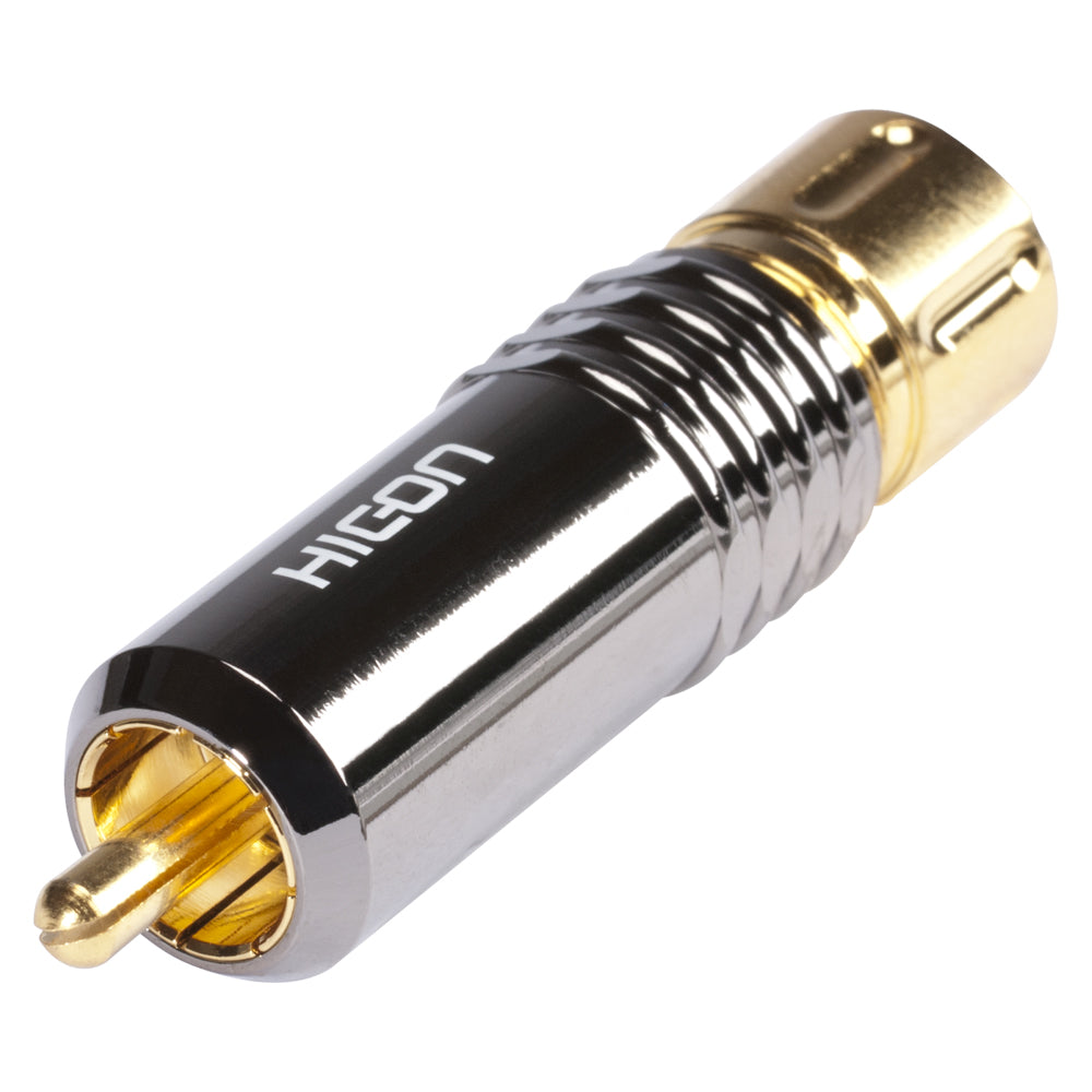 HICON RCA / phono jungtis, collet lock fixture, 2-pole , metal-, Soldering-kištukas jungtis, gold plated contact(s), tiesi, chrome coloured