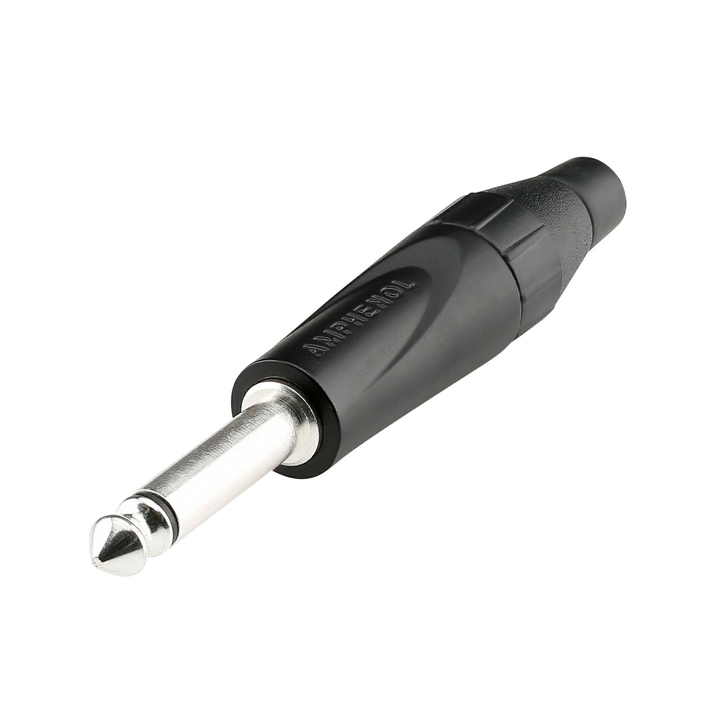 Amphenol jack (6,3mm), 2 polių, metalinė, lituojama kištukinė jungtis, nikeliuoti kontaktai, tiesi, juodas