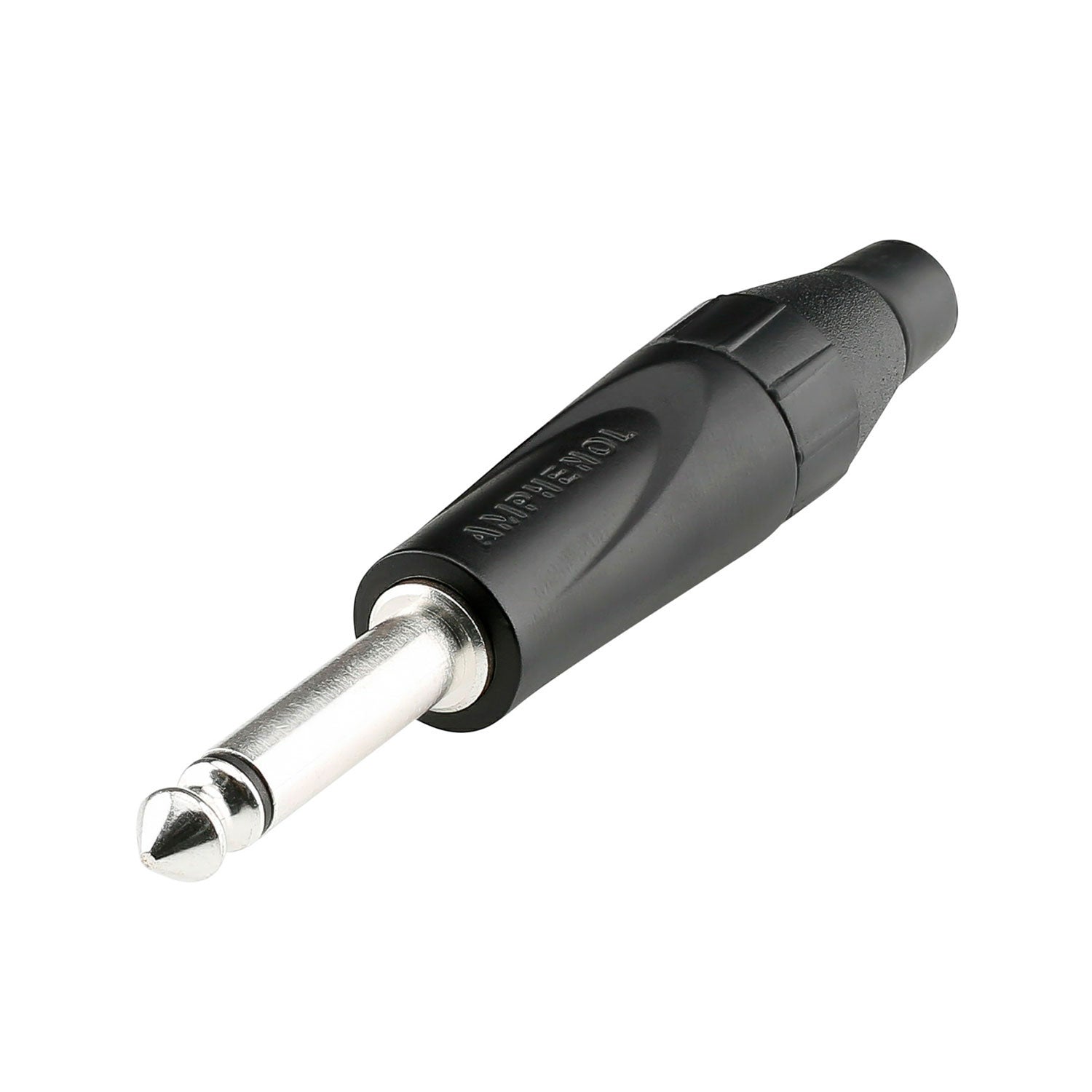 Amphenol jack (6,3mm), 2 polių, metalinė, lituojama kištukinė jungtis, nikeliuoti kontaktai, tiesi, juodas