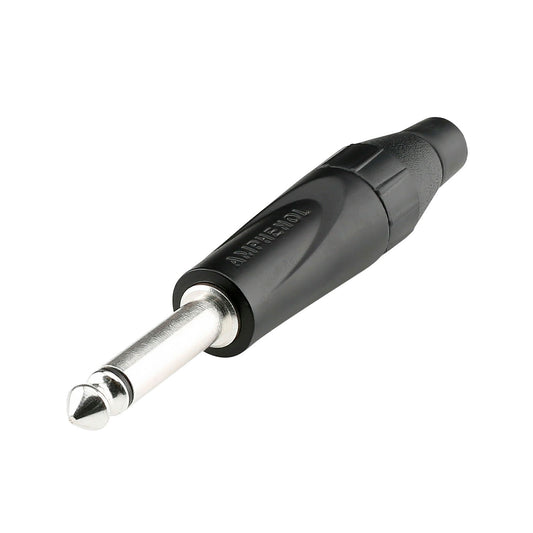 Amphenol jack (6,3mm), 2 polių, metalinė, lituojama kištukinė jungtis, nikeliuoti kontaktai, tiesi, juodas