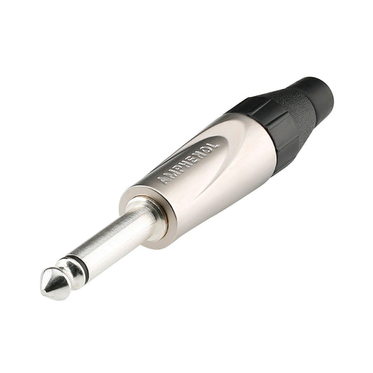 Amphenol jack (6,3mm), 2 polių, metalinė, lituojama kištukinė jungtis, nikeliuoti kontaktai, tiesi, nikelio spalvos