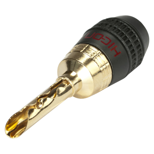 HICON Banana jungtis with toothed clamp, 1-pol , metal-, prisukama-kištukas jungtis, gold plated contact(s), tiesi, juodas