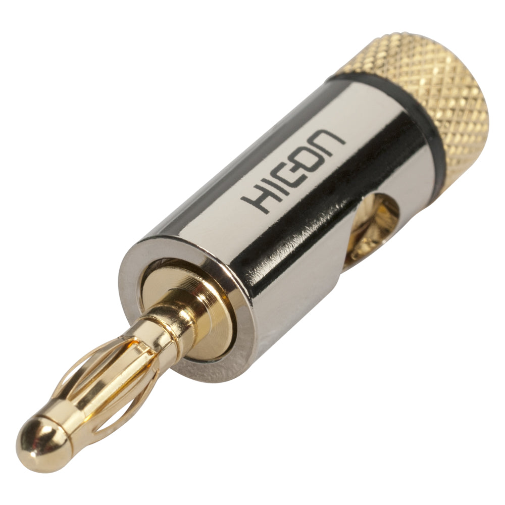 HICON Banana jungtis with universal clamp, cascadable, 1-pol , metal-, prisukama-kištukas jungtis, gold plated contact(s), tiesi, chrome coloured