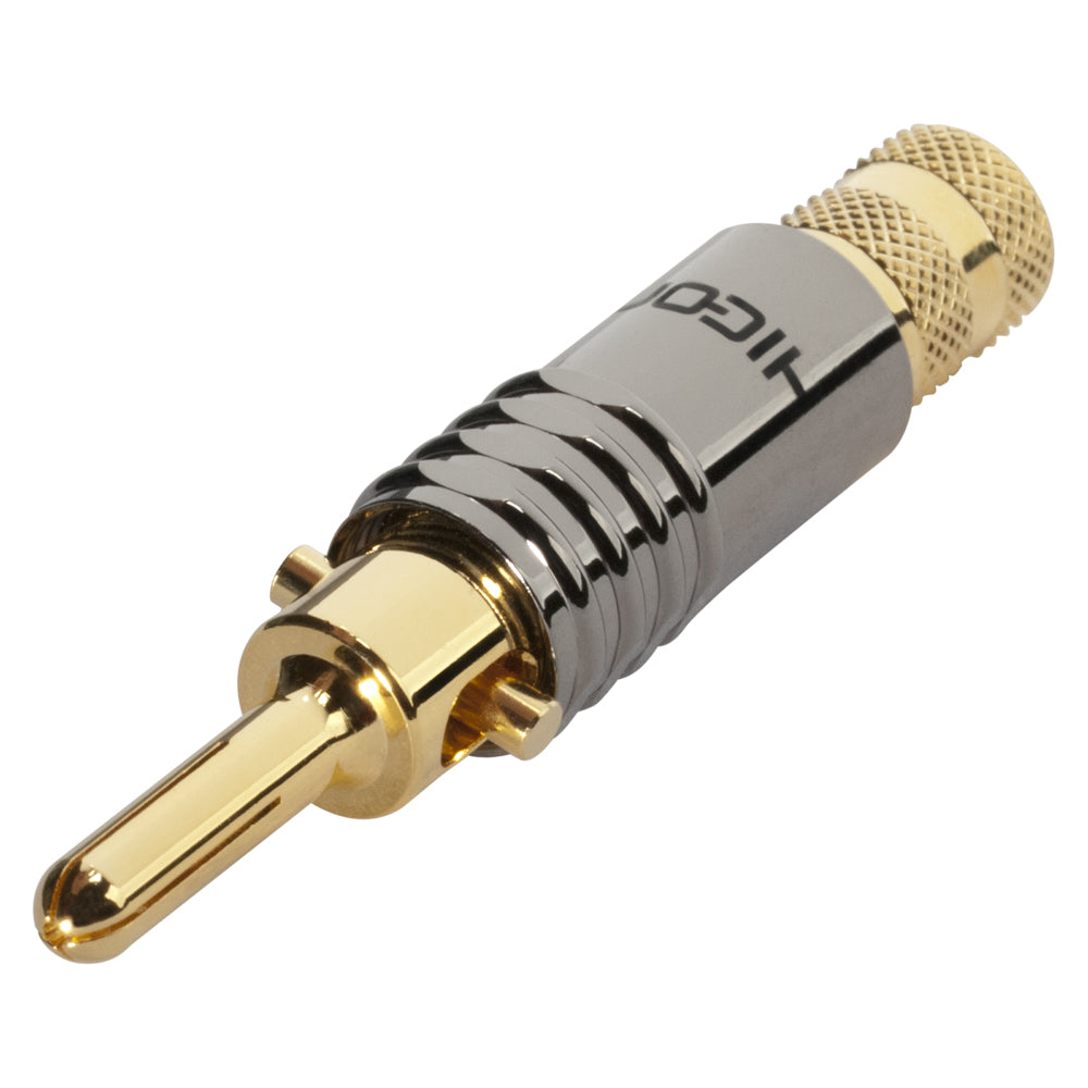 HICON Banana jungtis with spreading clip, 1-pol , metal-, prisukama-kištukas jungtis, gold plated contact(s), tiesi, chrome coloured