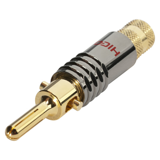 HICON Banana jungtis with spreading clip, 1-pol , metal-, prisukama-kištukas jungtis, gold plated contact(s), tiesi, chrome coloured