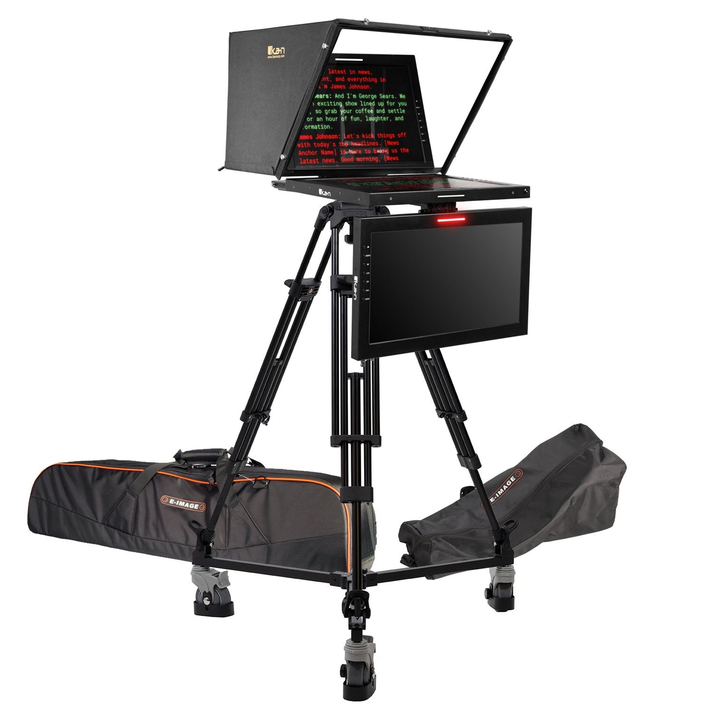 Ikan 19″ Widescreen PTZ 3G-SDI Teleprompter w/ Widescreen Talent Monitor, Tripod & Dolly Turnkey