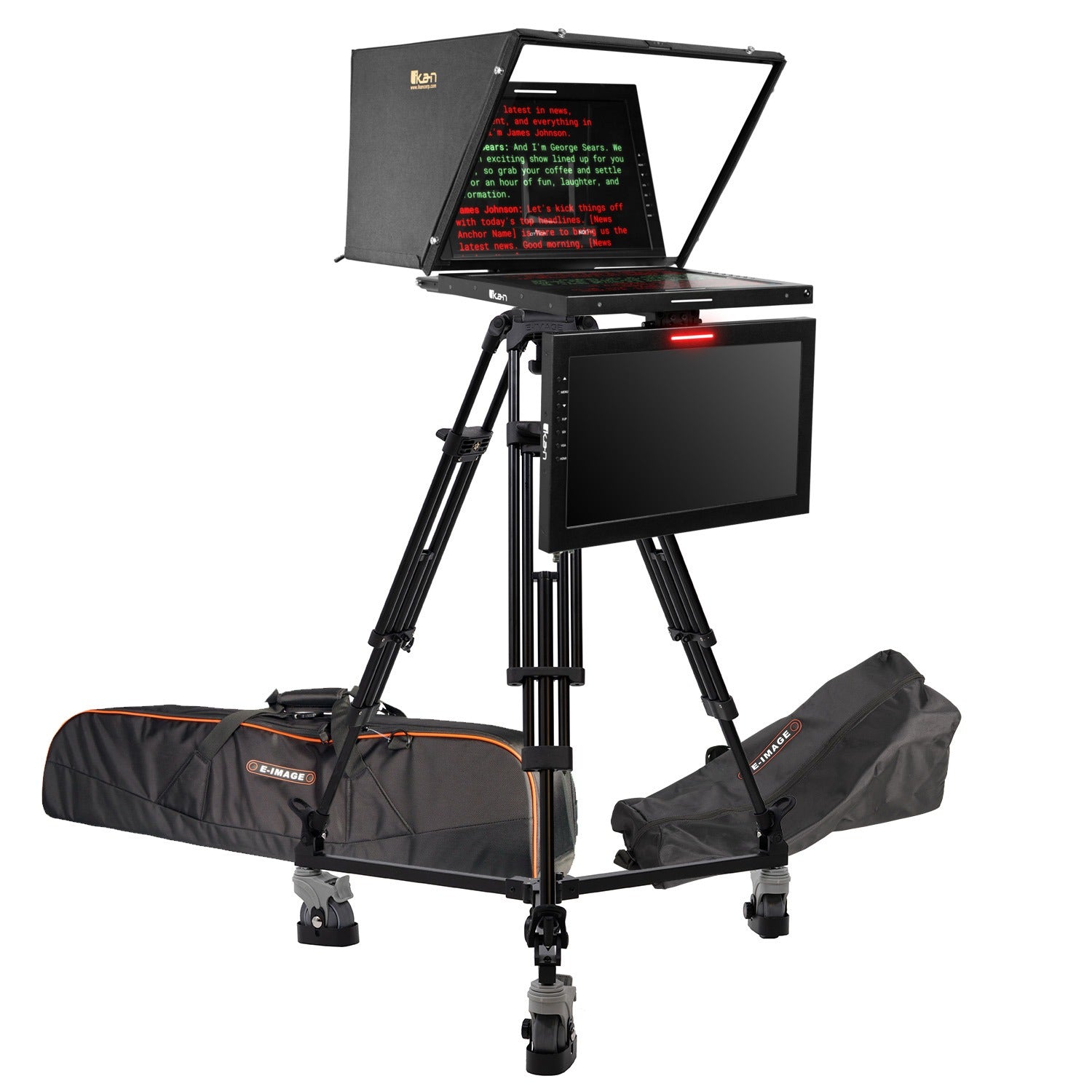 Ikan 19″ Widescreen PTZ 3G-SDI Teleprompter w/ Widescreen Talent Monitor, Tripod & Dolly Turnkey